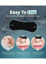 Black nasal strip showing self-adhesive backing and placement steps diagram