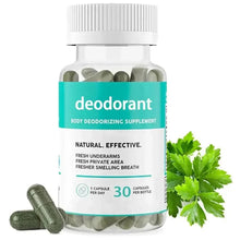 Deodorant supplement capsules bottle with 30-count label and green leaf accents
