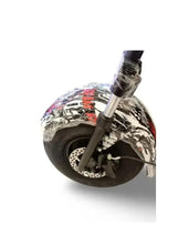 Front wheel and fork of black electric scooter with patterned fender cover