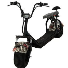 Black electric scooter with front and rear fender covers in red, white, and black