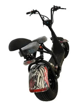 Black electric scooter with front and rear patterned fender covers and padded seat