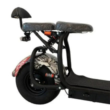 Black electric scooter with padded seat and patterned front fender cover