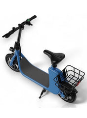 WIND HORSE blue commuter foldable electric scooter with seat rear basket kickstand and wide footboard