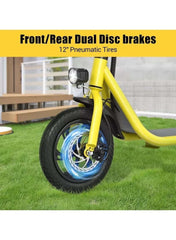 WIND HORSE yellow commuter e scooter foldable electric scooter with seat showing front 12 inch pneumatic tire and dual disc brakes