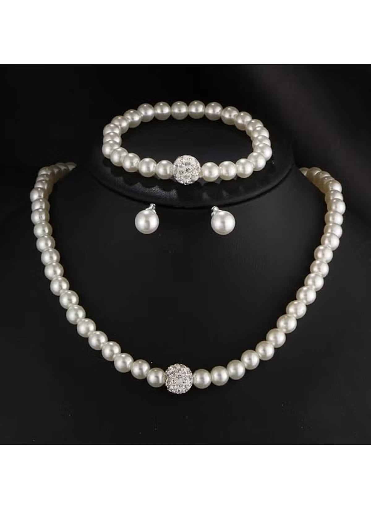 Huitich imitation pearl jewelry set with necklace bracelet and earrings featuring rhinestone accents