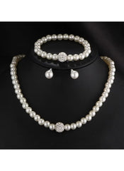 Huitich imitation pearl jewelry set with necklace bracelet and earrings featuring rhinestone accents