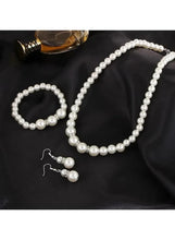 Imitation pearl necklace and bracelet with drop earrings, silver-toned clasp and accents