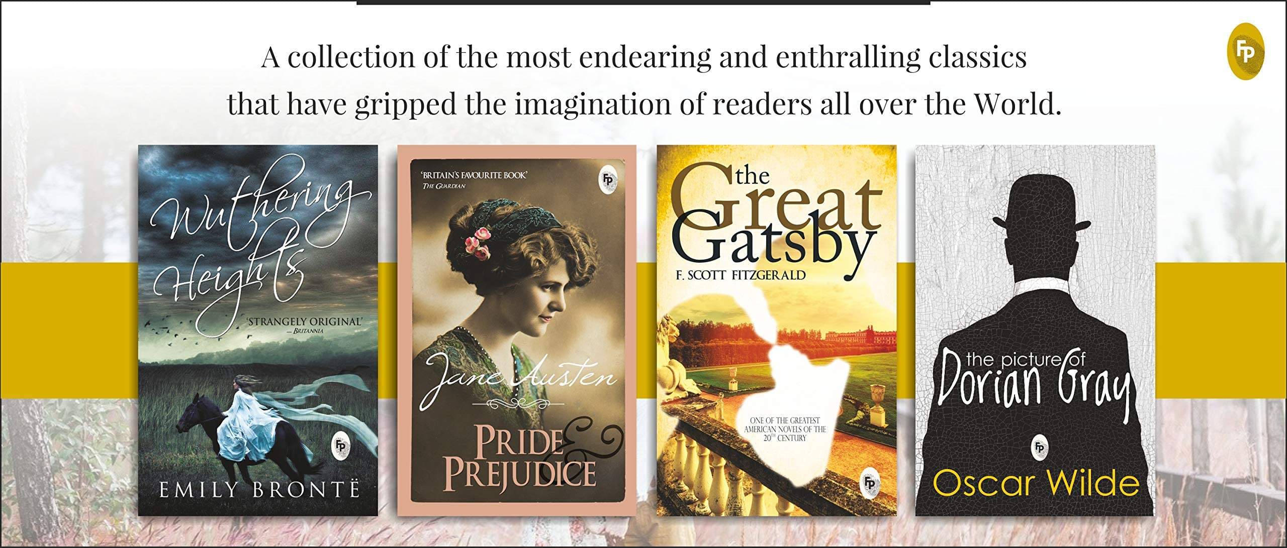 Classic literature box set featuring Wuthering Heights, Pride and Prejudice, The Great Gatsby, and The Picture of Dorian Gray
