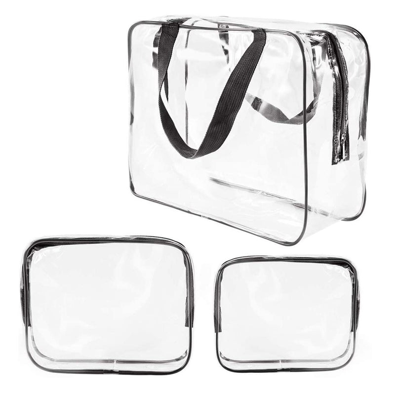 Huitich 3-piece PVC toiletry bags set with clear transparent makeup bags and black trim