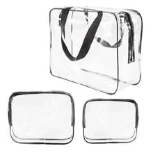 Clear PVC toiletry bag set with black handles and zip closure, large rectangular pouch