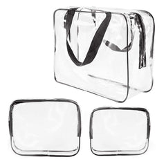 Huitich 3-piece PVC toiletry bags set with clear transparent makeup bags and black trim