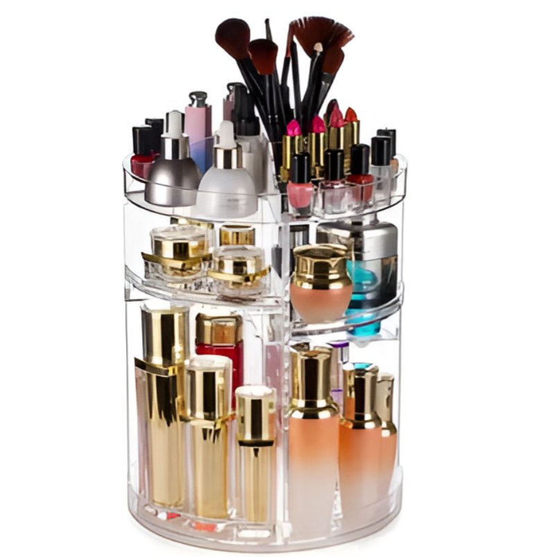 Huitich 360 degree makeup organizer clear rotating cosmetics holder with brushes lipsticks and skincare bottles