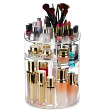 Transparent 360-degree makeup organizer with rotating tiers and assorted lipsticks and brushes