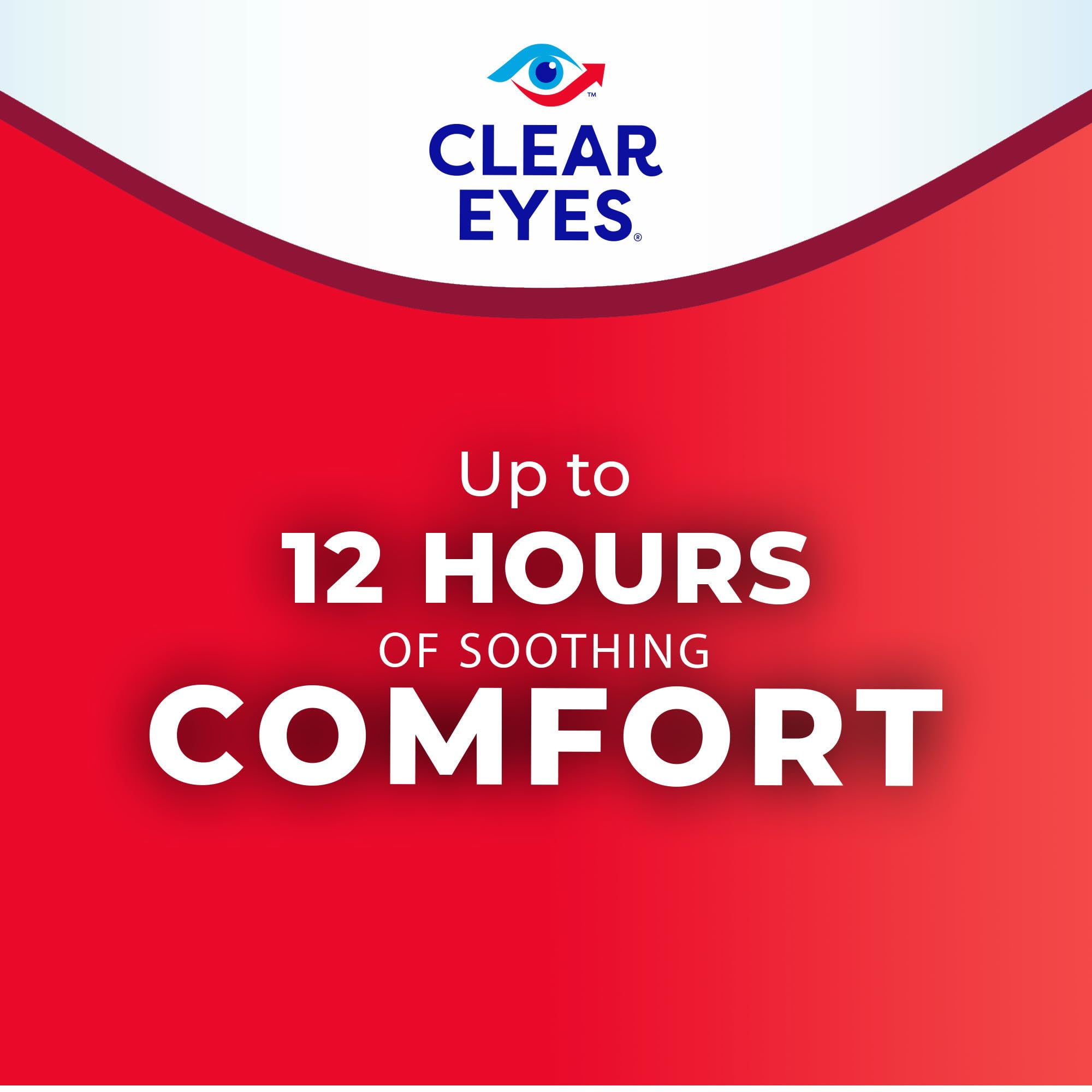 Clear Eyes logo and red graphic advertising up to 12 hours of soothing comfort for redness relief eye drops