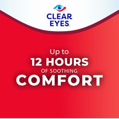 Clear Eyes logo and red graphic advertising up to 12 hours of soothing comfort for redness relief eye drops
