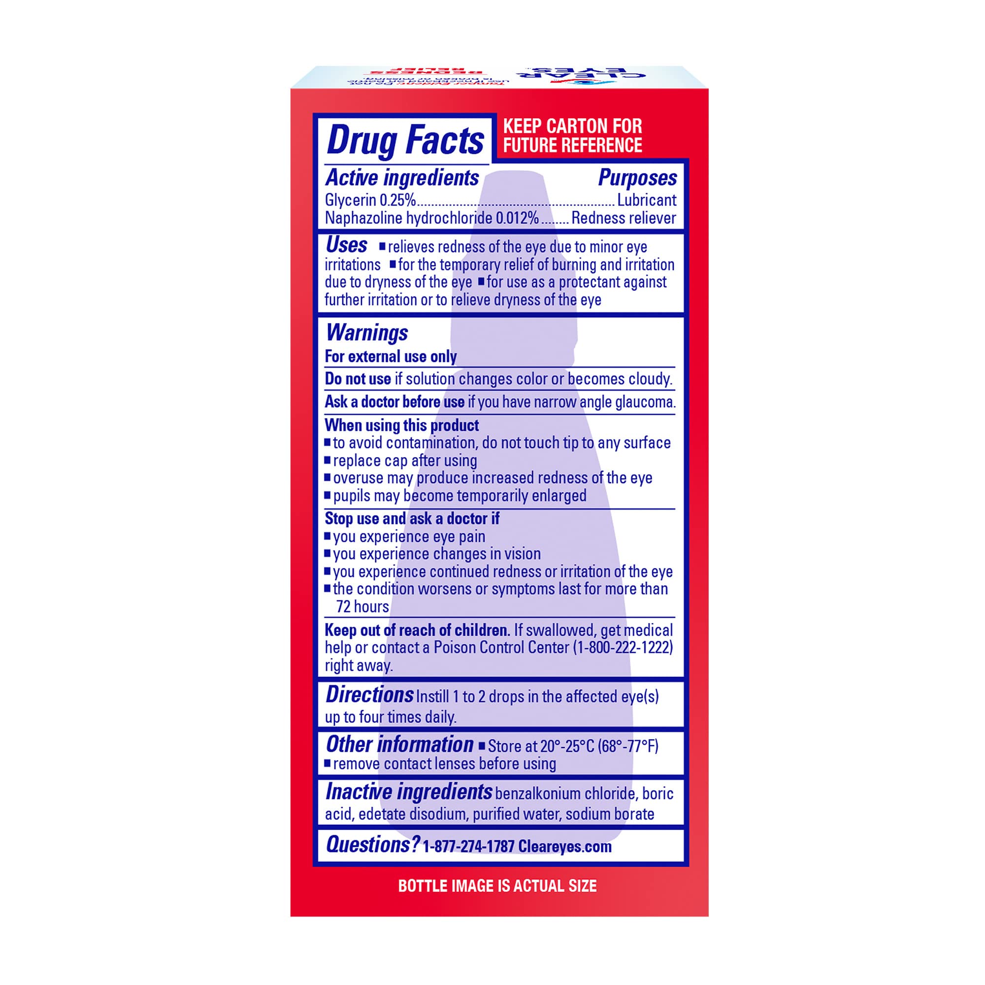 Clear Eyes redness relief eye drops box back showing Drug Facts panel directions and ingredients