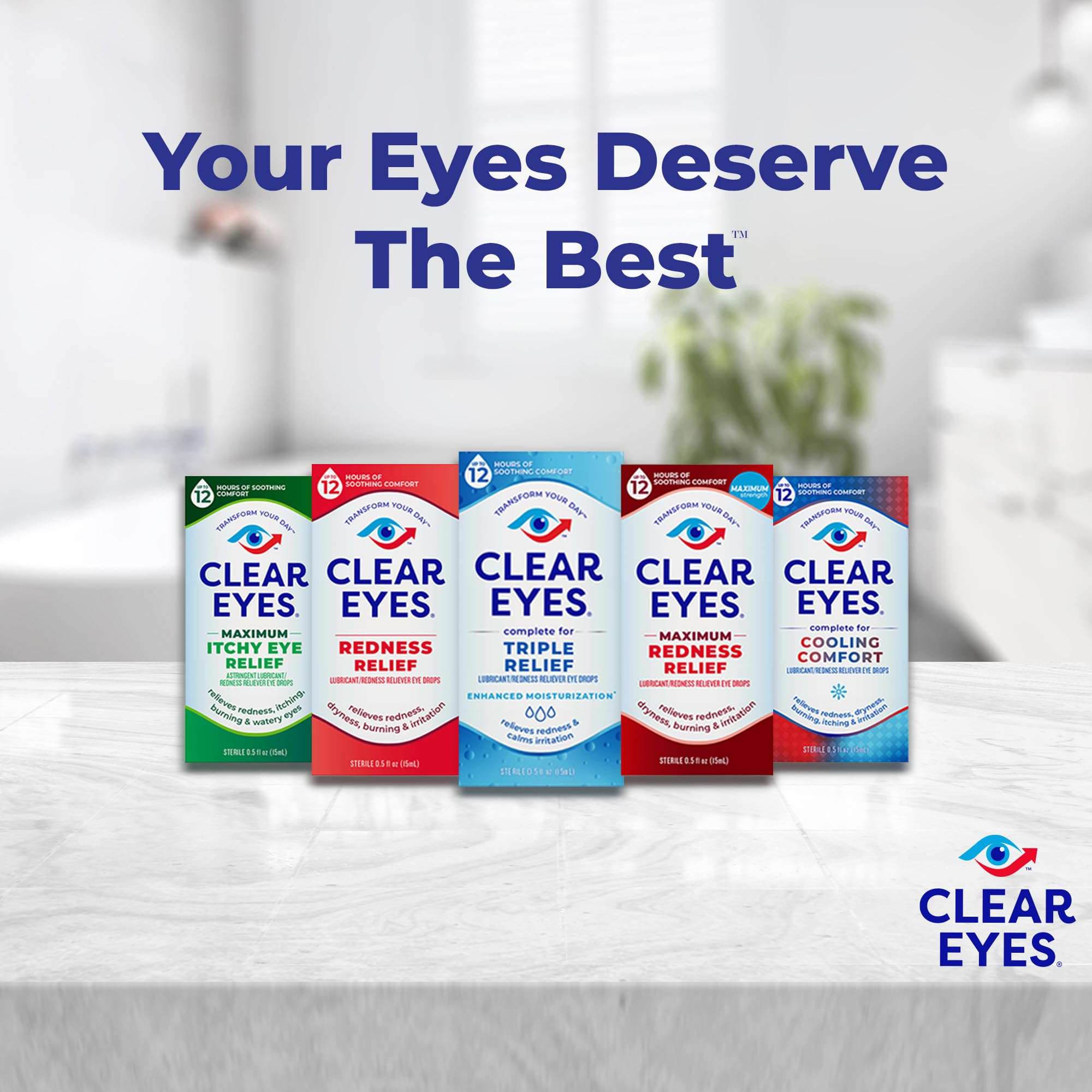 Clear Eyes product lineup on counter showing boxes including redness relief eye drops and cooling comfort