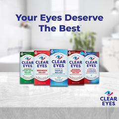 Clear Eyes product lineup on counter showing boxes including redness relief eye drops and cooling comfort