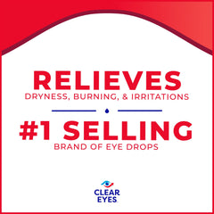 Clear Eyes ad packaging stating relieves dryness burning and irritations and number one selling brand of redness relief eye drops