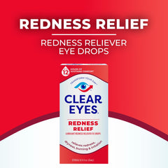 Clear Eyes redness relief eye drops box on red background showing product name and relieves redness claim