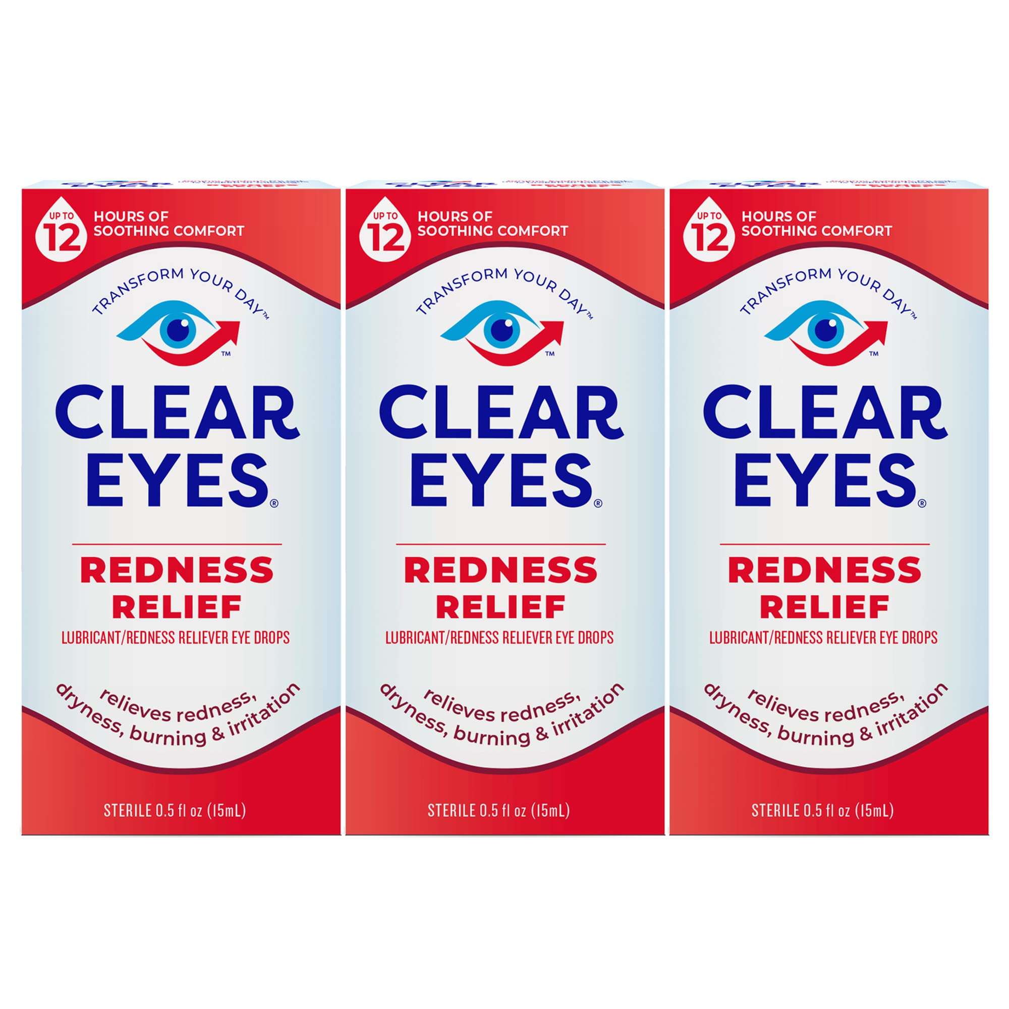 Clear Eyes redness relief eye drops triple pack half ounce boxes relieving redness dryness burning irritation
