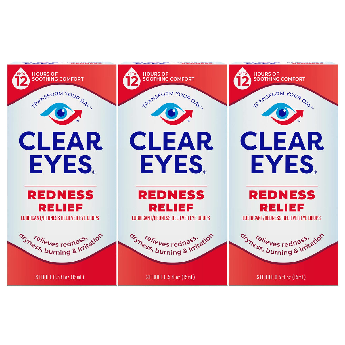Clear Eyes redness relief eye drops triple pack half ounce boxes relieving redness dryness burning irritation
