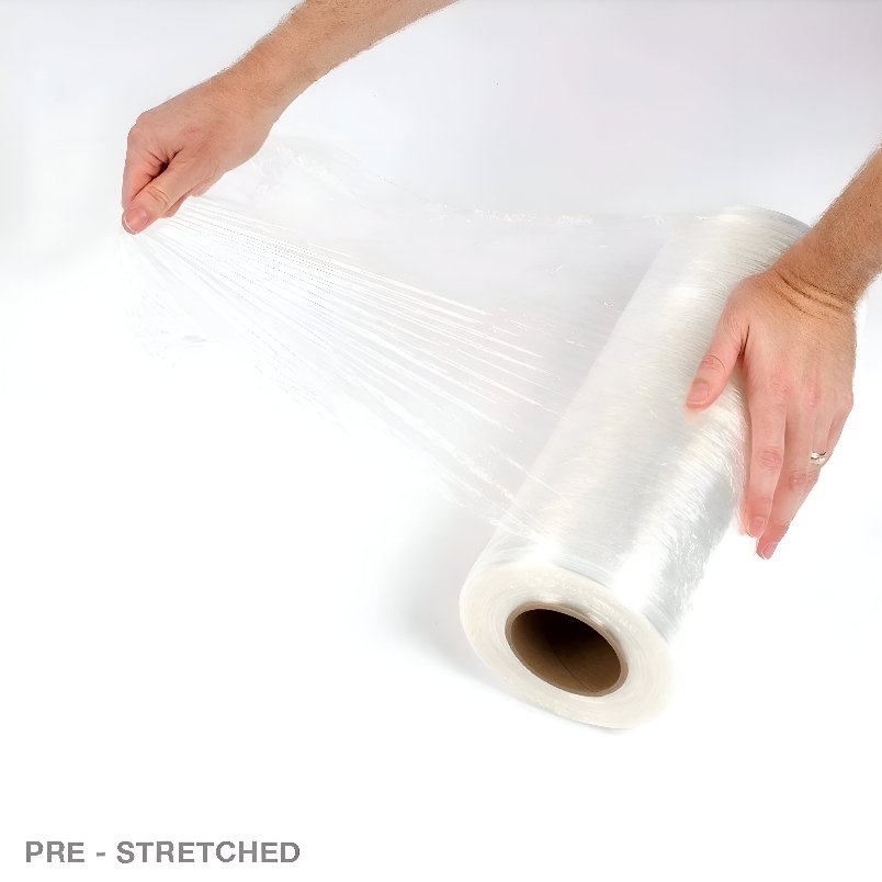 Hands stretching clear pallet wrapping roll 50cm from Huitich on a white background
