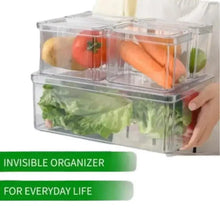Clear plastic refrigerator food organizer box with two compartments, produce inside, hand holding lid