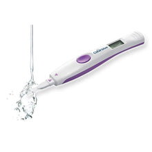 Ovulation test stick with digital screen and purple grip, with indicator window