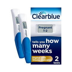Clearblue digital pregnancy test UAE showing Pregnant 1 to 2 weeks indicator on two tests with box packaging