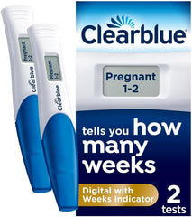 Clearblue digital pregnancy test UAE showing two digital tests and packaging with weeks indicator reading pregnant 1 to 2 weeks
