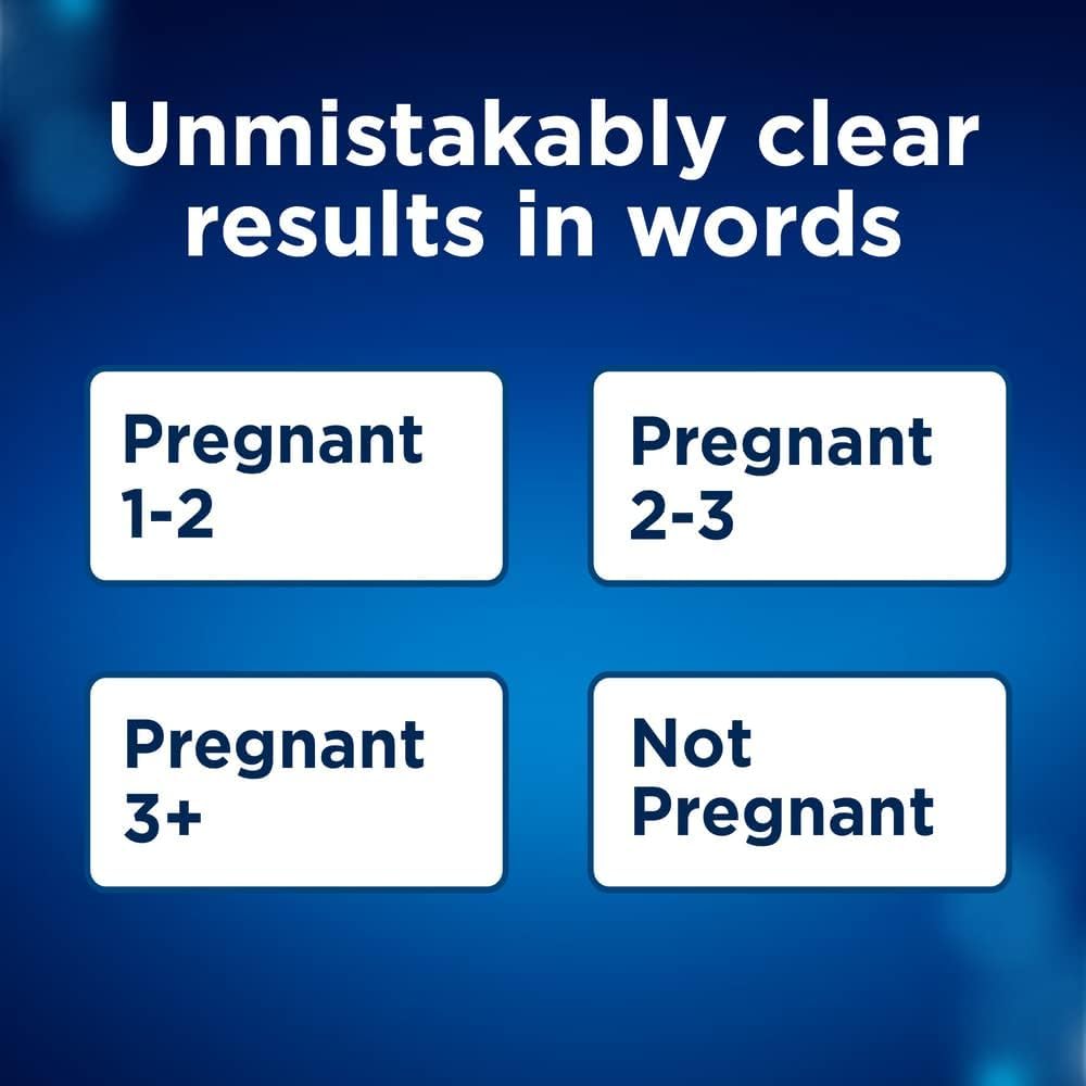 Clearblue digital pregnancy test UAE image showing blue screen with results Pregnant 1 to 2, 2 to 3, 3 plus, Not Pregnant