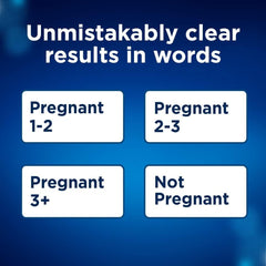 Clearblue digital pregnancy test UAE image showing blue screen with results Pregnant 1 to 2, 2 to 3, 3 plus, Not Pregnant