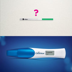 Clearblue digital pregnancy test UAE showing faint strip with question mark and digital test reading Pregnant 1 to 2