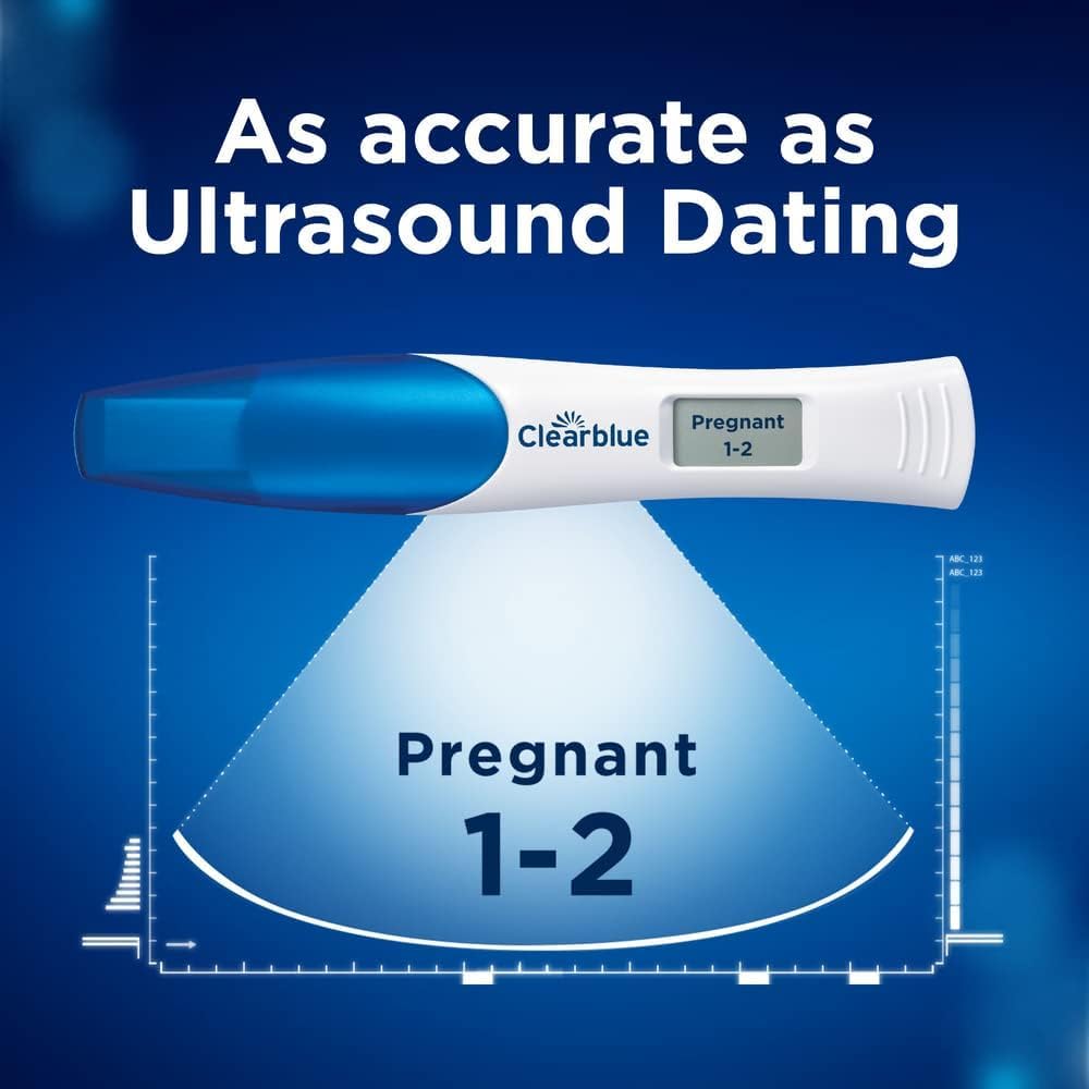 Clearblue digital pregnancy test UAE showing Pregnant 1 2 on display with ultrasound dating graphic on blue background