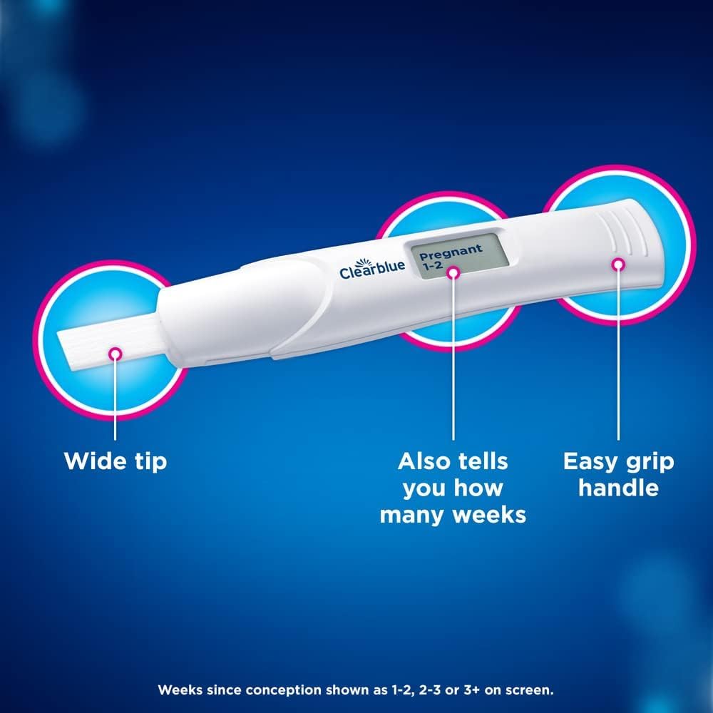 Clearblue digital pregnancy test UAE showing Pregnant 1 to 2 weeks on screen with wide tip easy grip handle and weeks indicator