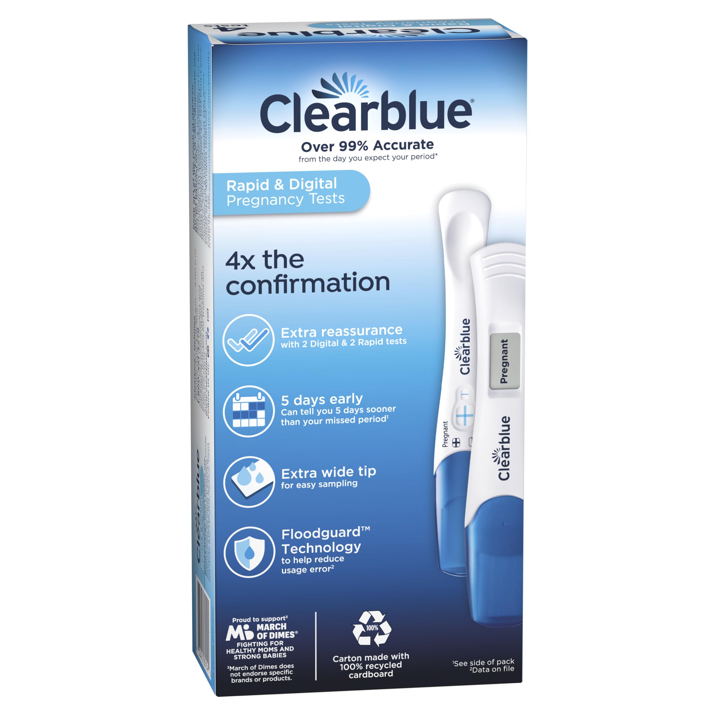 Box of Clearblue pregnancy test combo pack showing two digital and rapid pregnancy tests on packaging