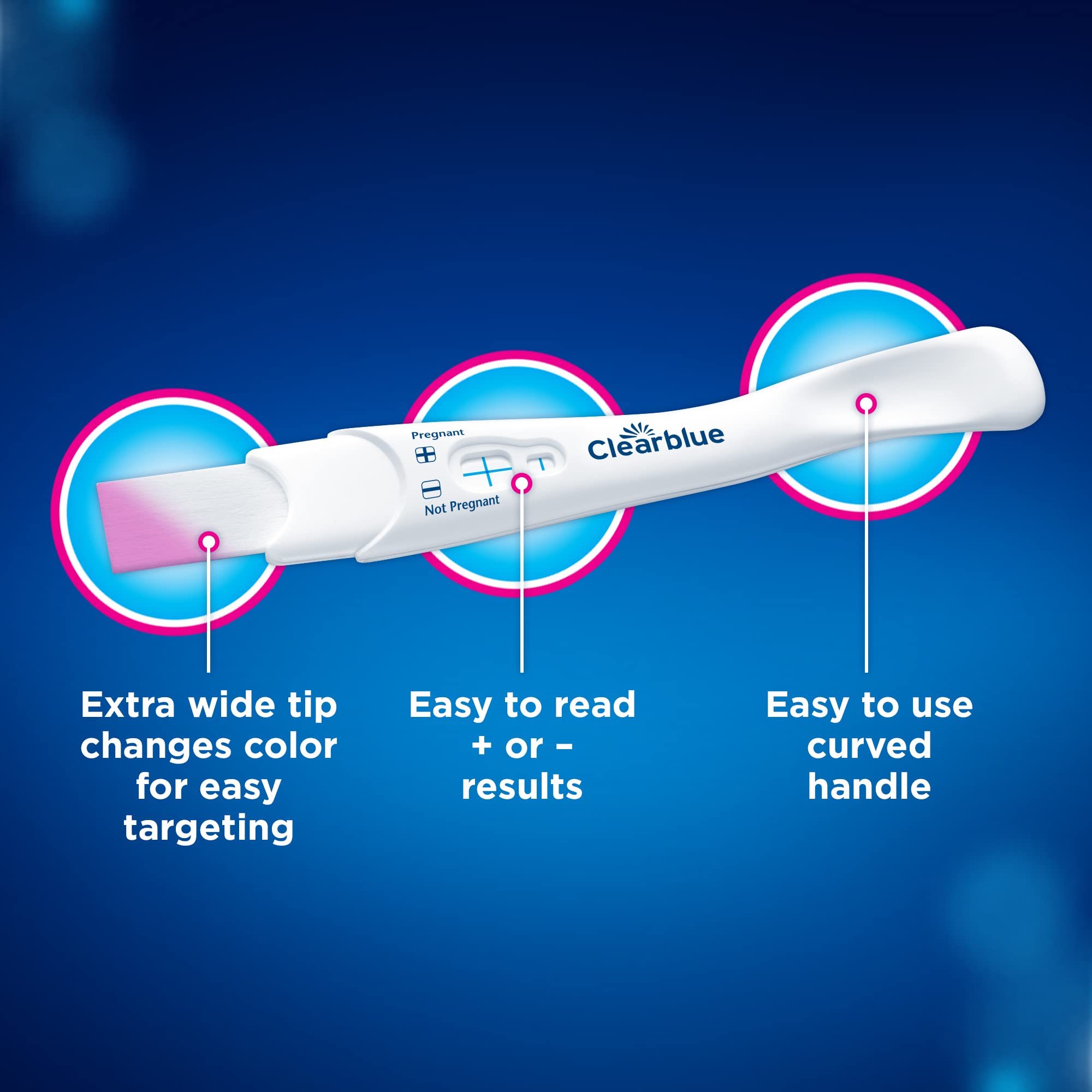 Clearblue pregnancy test combo pack stick showing extra wide color changing tip easy to read plus or minus results curved handle