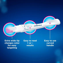 Clearblue pregnancy test featuring extra wide tip, easy-to-read results, curved handle