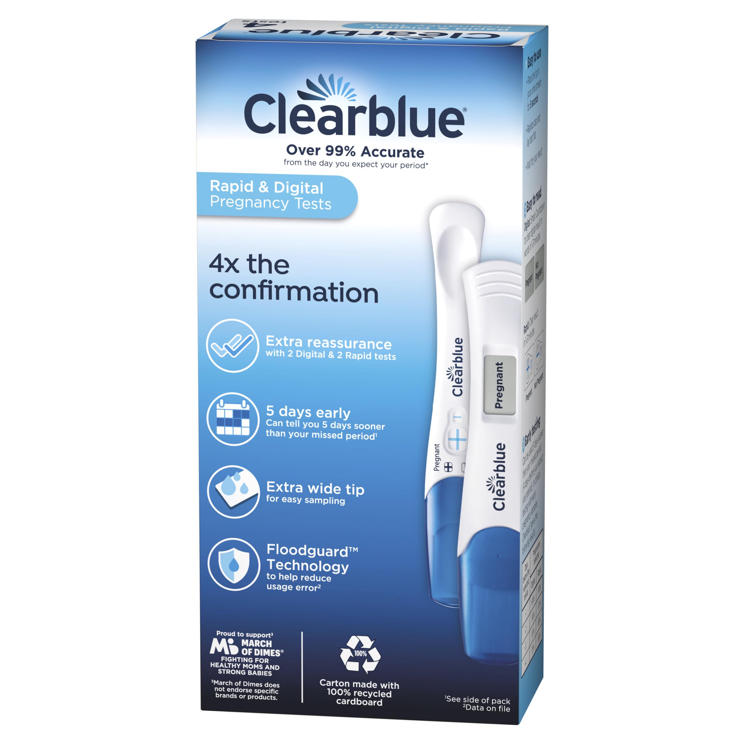 Clearblue pregnancy test combo pack box showing digital and rapid tests on blue and white packaging