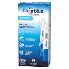 Clearblue pregnancy test combo pack box showing digital and rapid tests on blue and white packaging