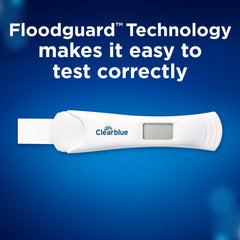 Clearblue pregnancy test combo pack showing a digital Clearblue test stick with Floodguard Technology on blue background