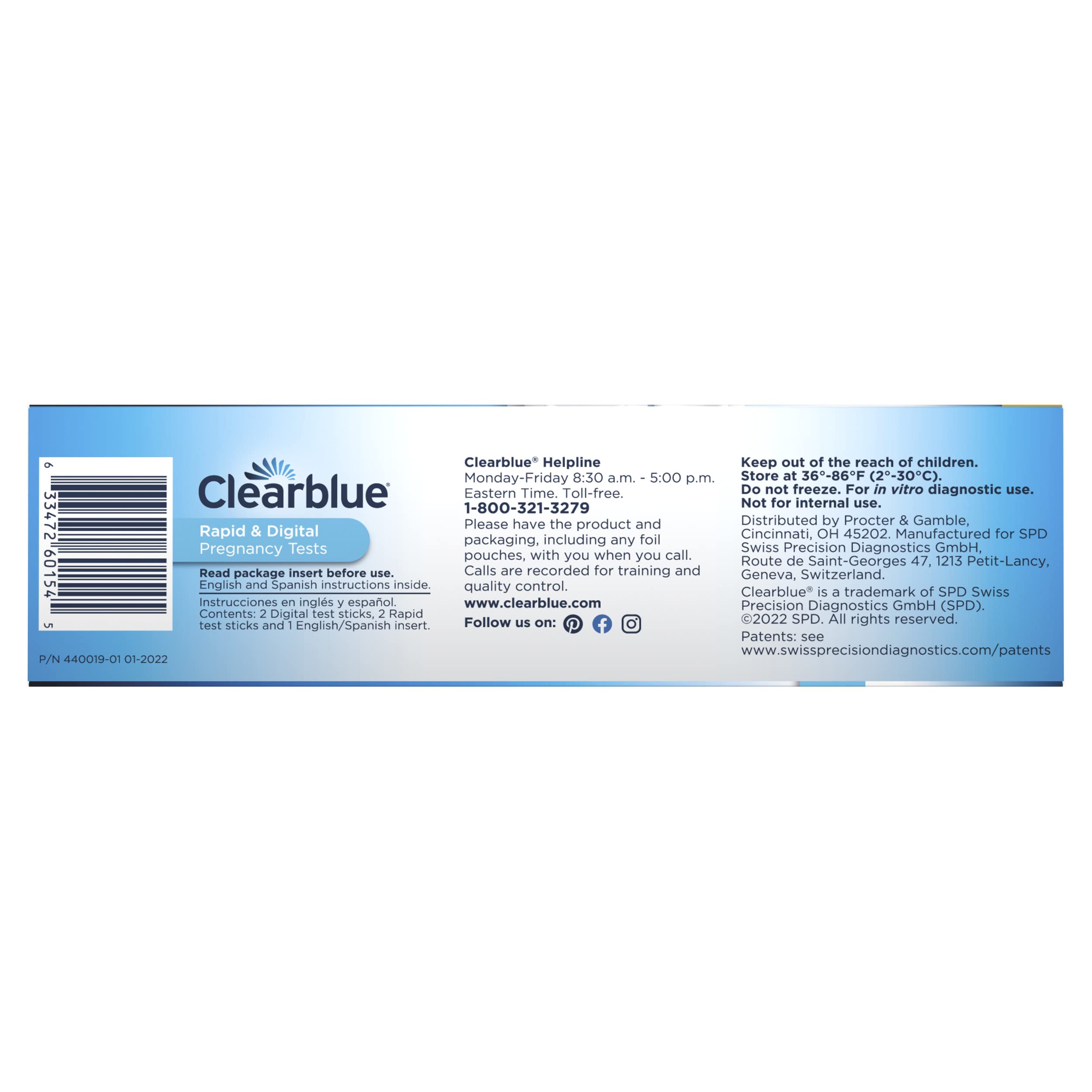 Clearblue pregnancy test combo pack blue box side panel showing brand logo helpline and usage info