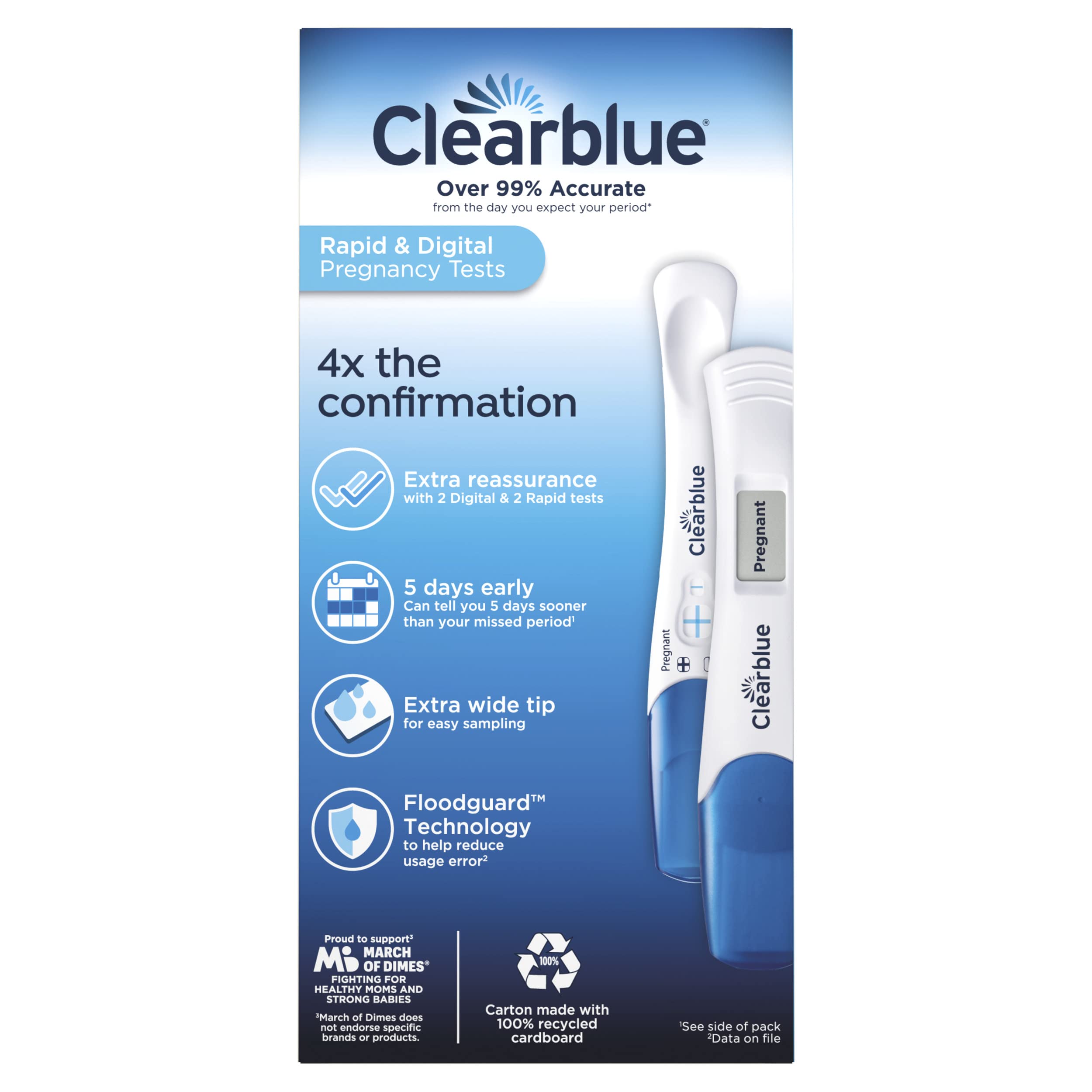 Clearblue pregnancy test combo pack box showing two white and blue digital and rapid pregnancy tests with Clearblue logo