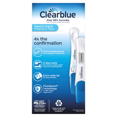 Clearblue pregnancy test combo pack box showing two white and blue digital and rapid pregnancy tests with Clearblue logo