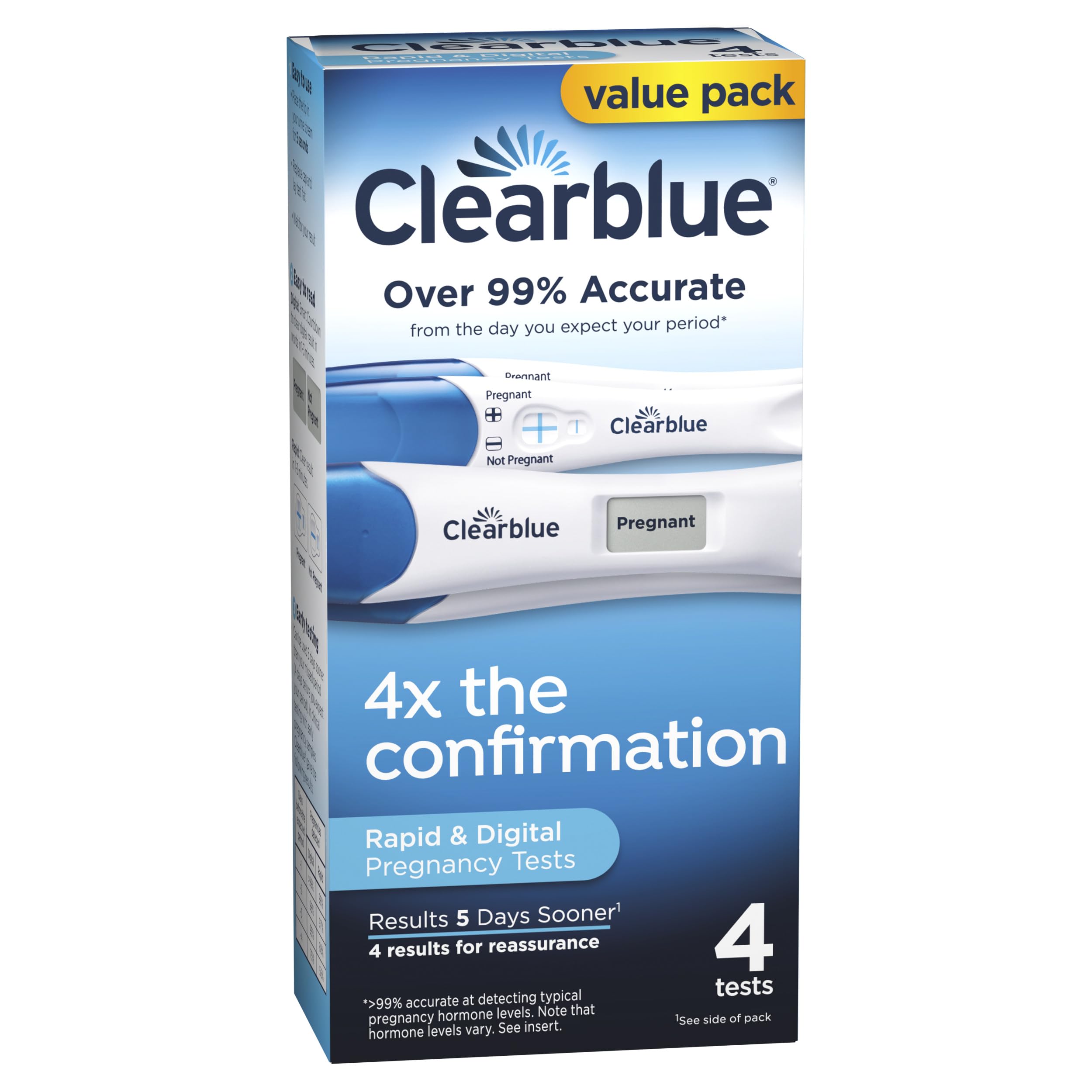 Clearblue pregnancy test combo pack value box with four rapid and digital tests showing Pregnant result