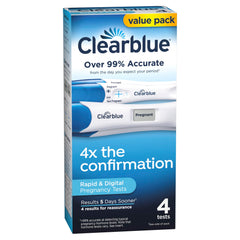 Clearblue pregnancy test combo pack value box with four rapid and digital tests showing Pregnant result