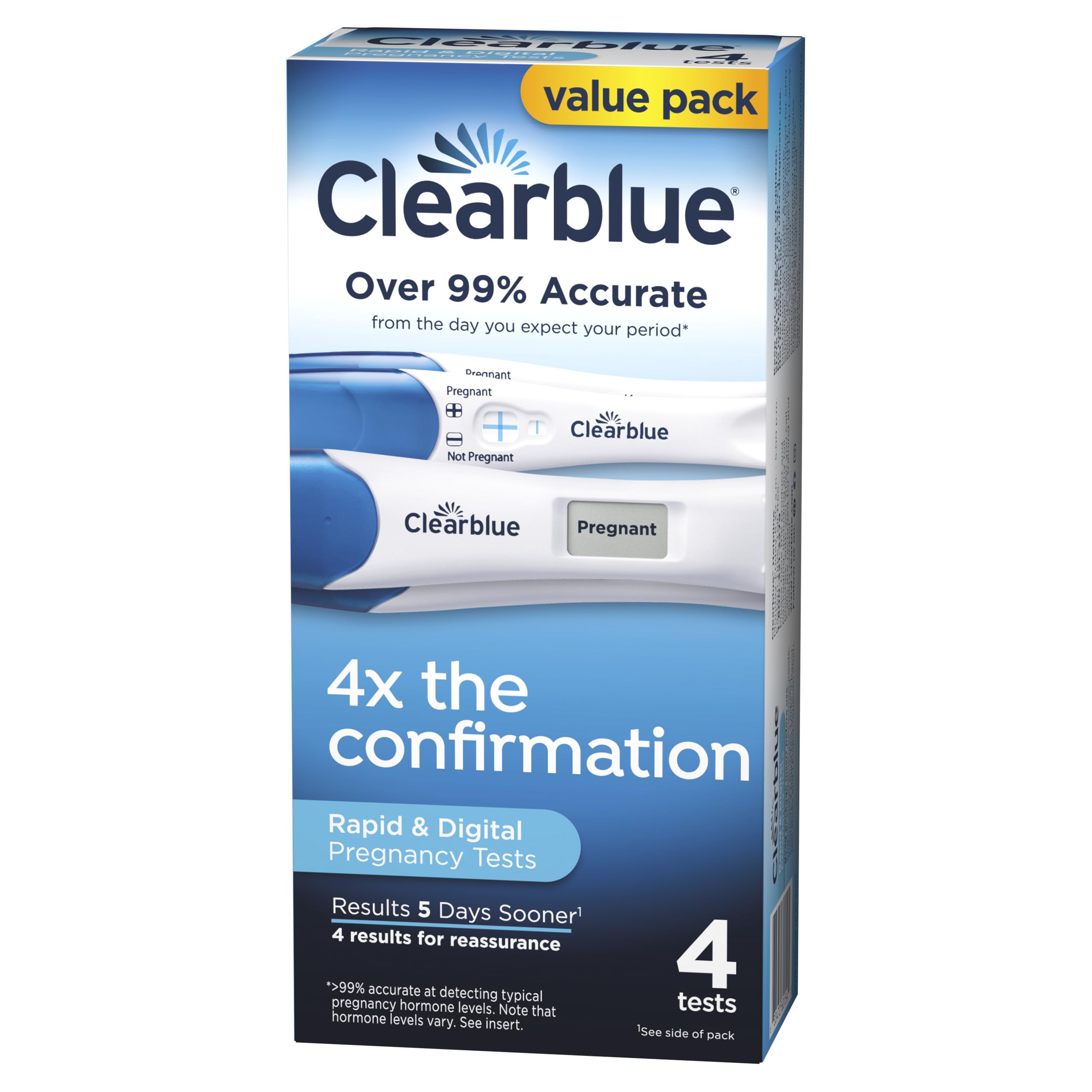 Clearblue pregnancy test combo pack value pack box showing four rapid and digital tests with Pregnant display
