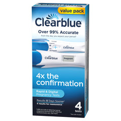 Clearblue pregnancy test combo pack value pack box showing four rapid and digital tests with Pregnant display