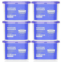 6-pack moisture absorber boxes, blue-and-white containers with vented mesh lid